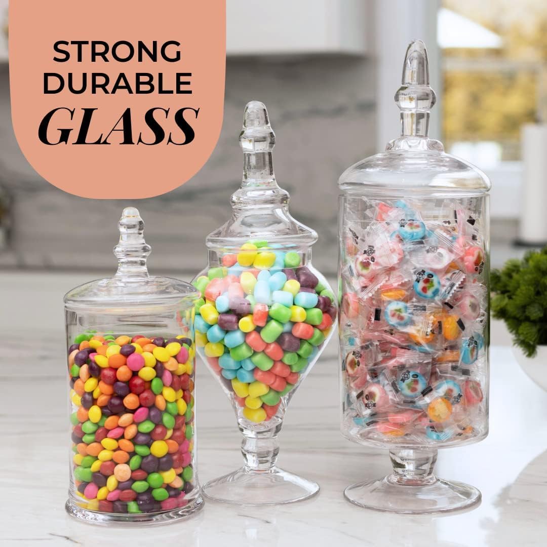 Mantello Glass Apothecary Jars with Lids - Set of 3 for Candy Buffet, Bathroom, Kitchen, Large