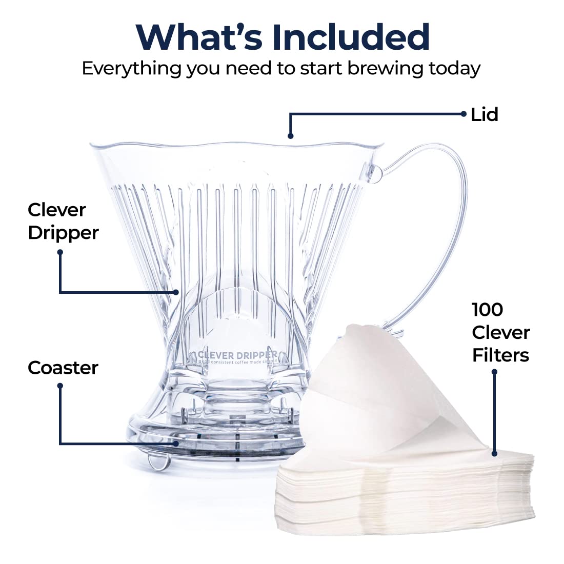 Clever Coffee Dripper and Filters, Large 18 oz, Original Classic Design, Safe BPA Free Plastic, dripper coffee maker, drip coffee maker pour over, 100 filters, coaster and lid, 18 oz (Clear)