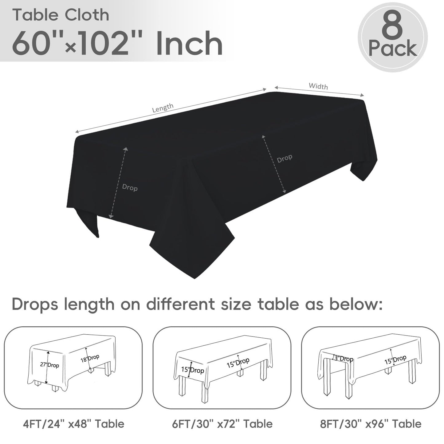 8 Pack Black Tablecloth 60 x 102 Inch Polyester Table Cloth for 6 Foot Rectangle Tables, Wrinkle Resistant Washable Decorative Fabric Table Covers for Wedding Party Banquet Buffet and Camping