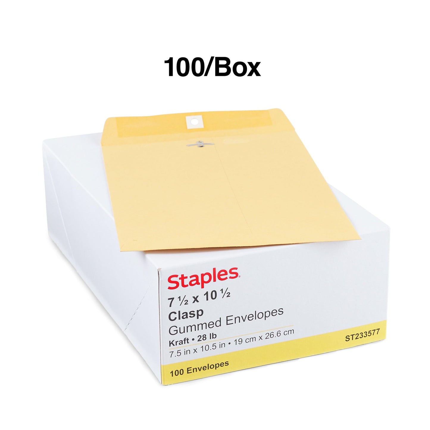 Staples 7.5 x 10.5 Kraft Clasp Envelopes, Brown, Reinforced Metal Clasp & Gummed Seal, Heavyweight Mailers, 100/Box