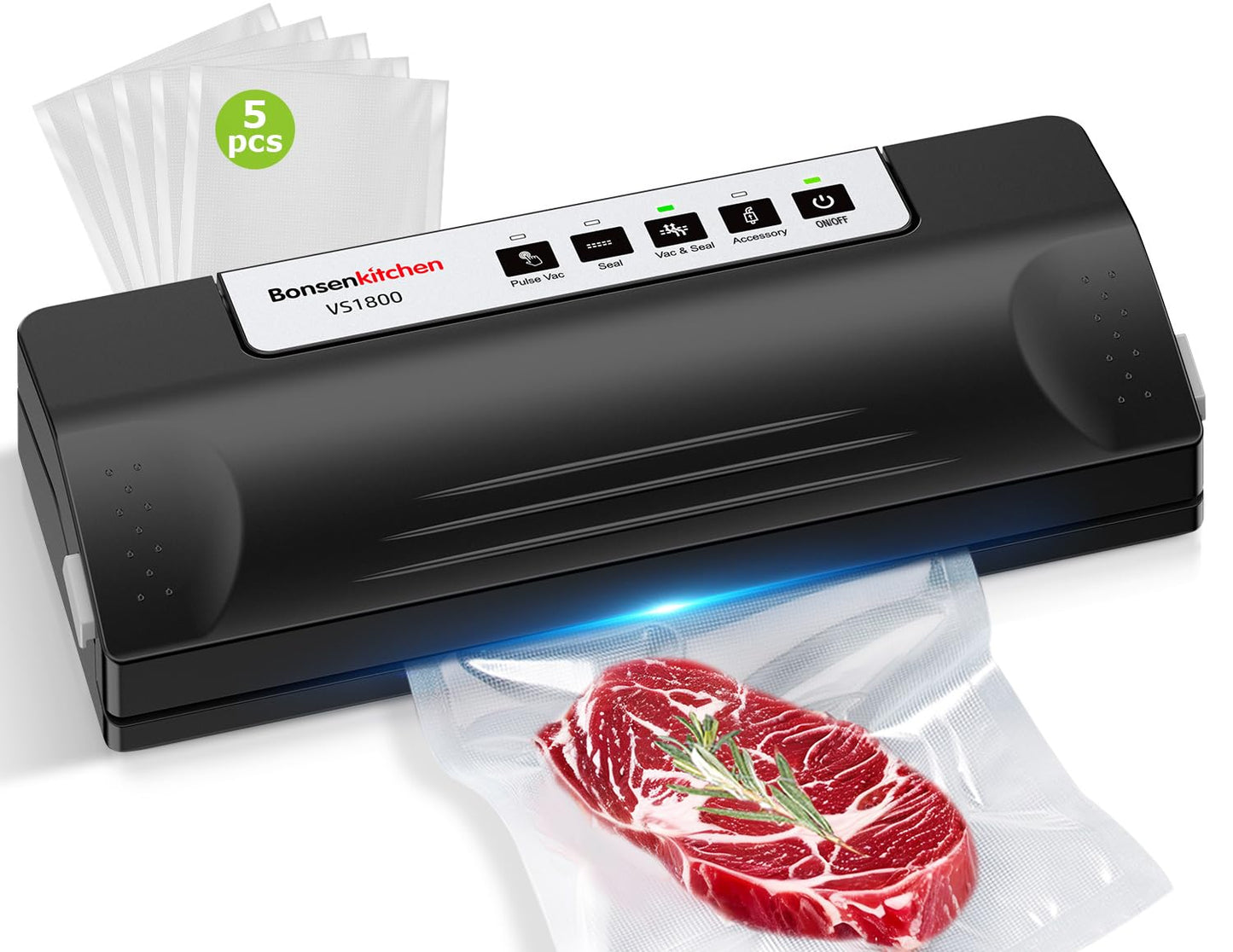 Bonsenkitchen Vacuum Sealer Machine for Food, Multi-Functional Food Sealer, Automatic Operation Mode, Commercial Grade, Compact Design, with 5 Vacuum Bags, Black-Silver