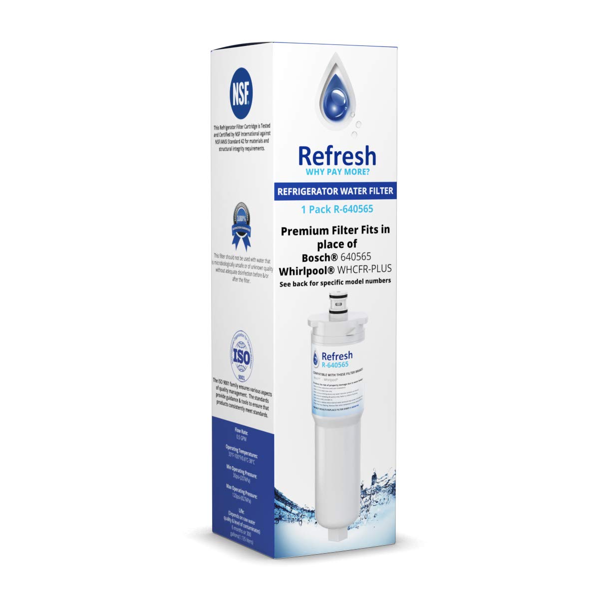 Refresh Replacement Refrigerator Water Filter for Bosch 640565, EVOLFLTR10, Whirlpool WHKF-R-PLUS, W1085590, 56932, 2168701, 3M Cuno CS-52, CS-51, CS-450, CS-451, CS-452 (3 Pack)