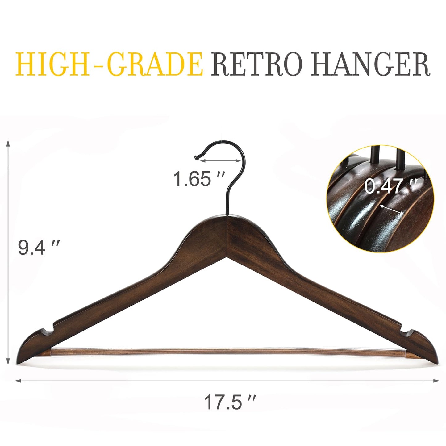 TOPIA HANGER Heavy Duty Wood Coat Hangers in Smooth Retro Finish, Boutique Quality Wooden Suit Hangers-Non-Slip Rubber Pants Bar and Smoothly Cut Notches-360° Rotating Black Hook-30 Pack, CT04A30