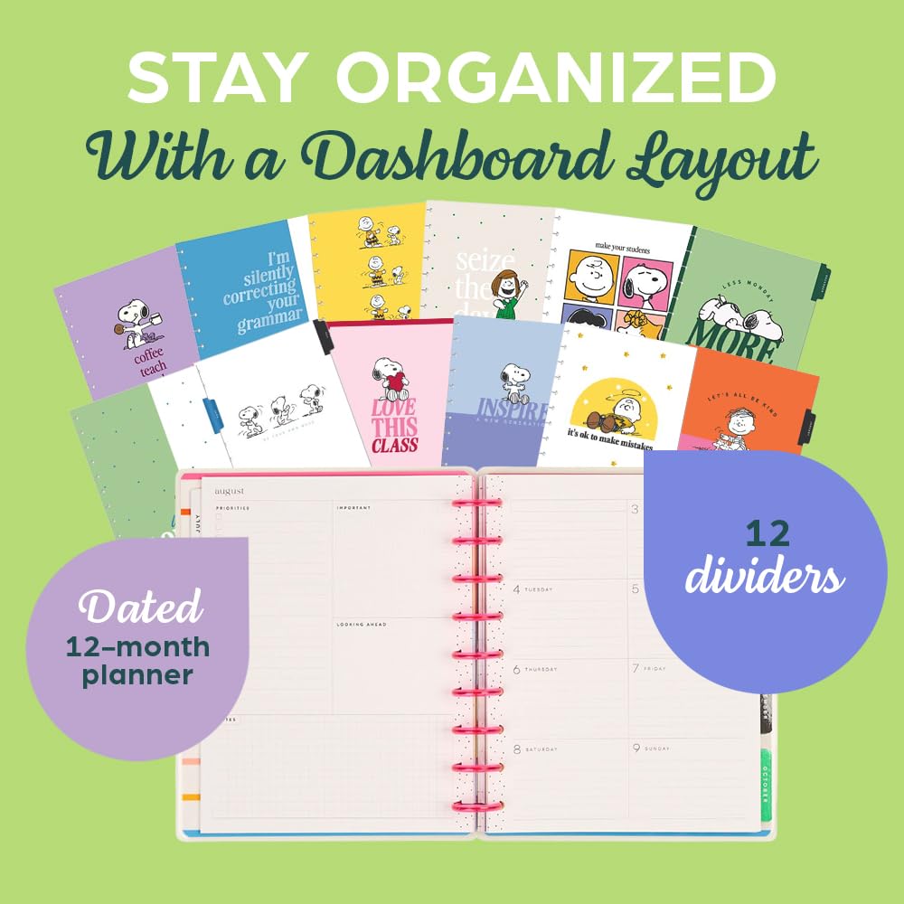 Happy Planner Peanuts Disc-Bound 12-Month Academic Planner, July 2026–June 2027 Planner, 12 Dividers, Classic Size, 7" x 9.25", Dashboard Layout