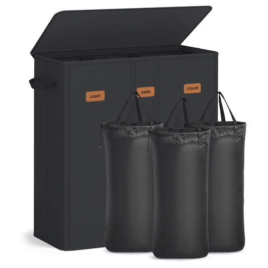 SONGMICS 47.6 Gallon (180 L) Laundry Hamper, 3-Compartment Laundry Basket Sorter with Lid, Labels, Removable Liner Bags, for Bedroom, Ink Black URLH013B01
