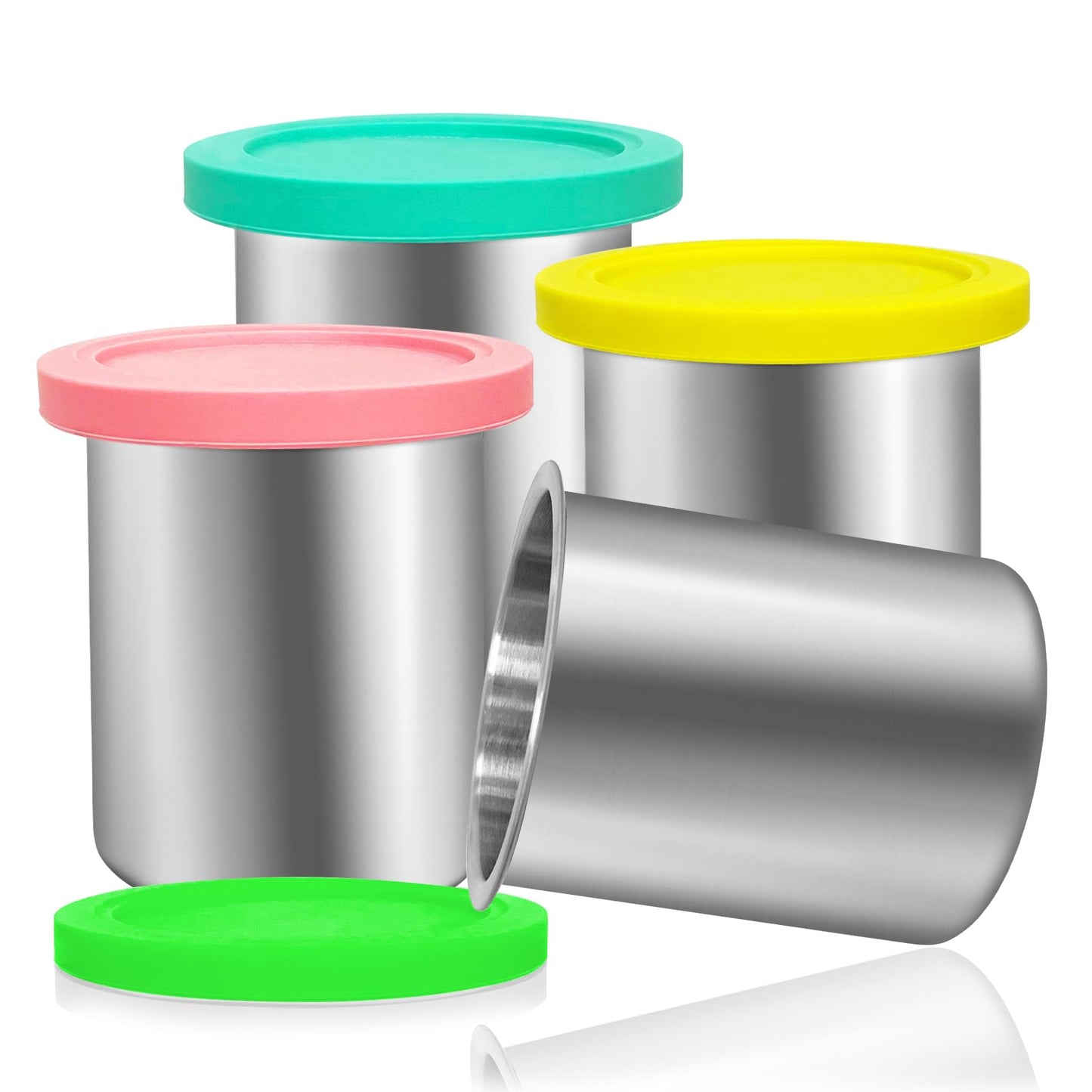 Stainless Steels Fit for Ninja Creami Containers- 4 Pack, 16oz Cups, Compatible with Ninja NC301, NC300, NC299AMZ, Fit for Ninja Creami Stainless Steel Pint, Silicone Lids, NC301 Creami Containers