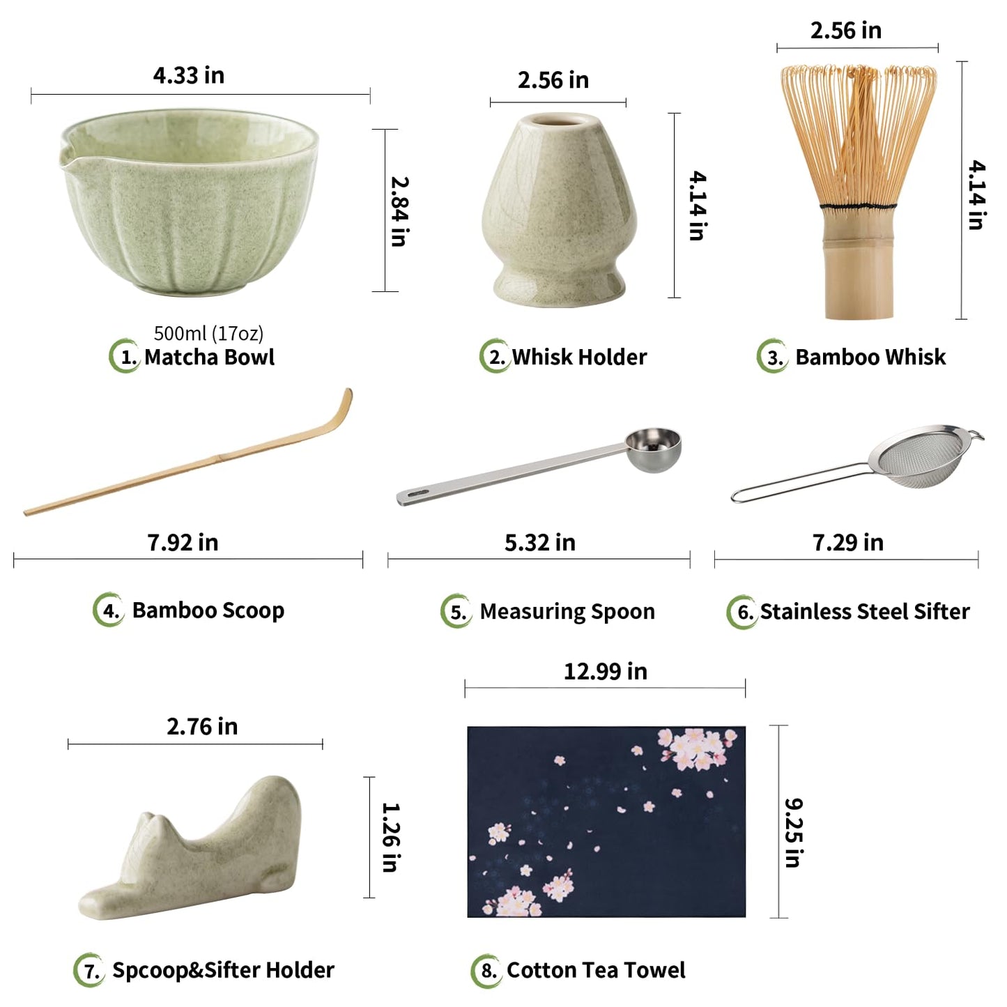 8 Pcs Matcha Whisk Set - HTRCXB Matcha Set with Ceramic Bowl, Bamboo Whisk & Holder, Scoop, Sifter, Measuring Spoon, Scoop Rest & Tea Towel, Complete Gift Kit for Beginners & Tea Lovers