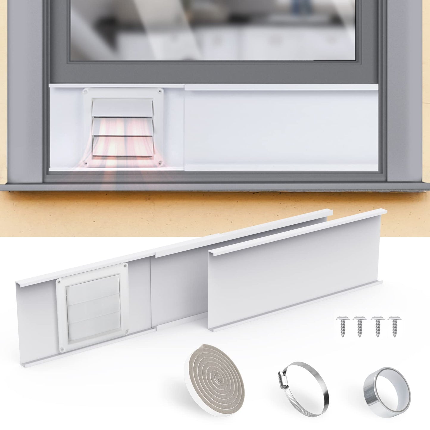 Flehomo Dryer Vent Window Kit, Include Dryer Vent Cover with Moving Flaps, Dryer Vent Kit for 4" Diameter Dryer Hose, Adjustable Window Vent Kit for Sliding Windows with Insulating Aluminum Seal Tape