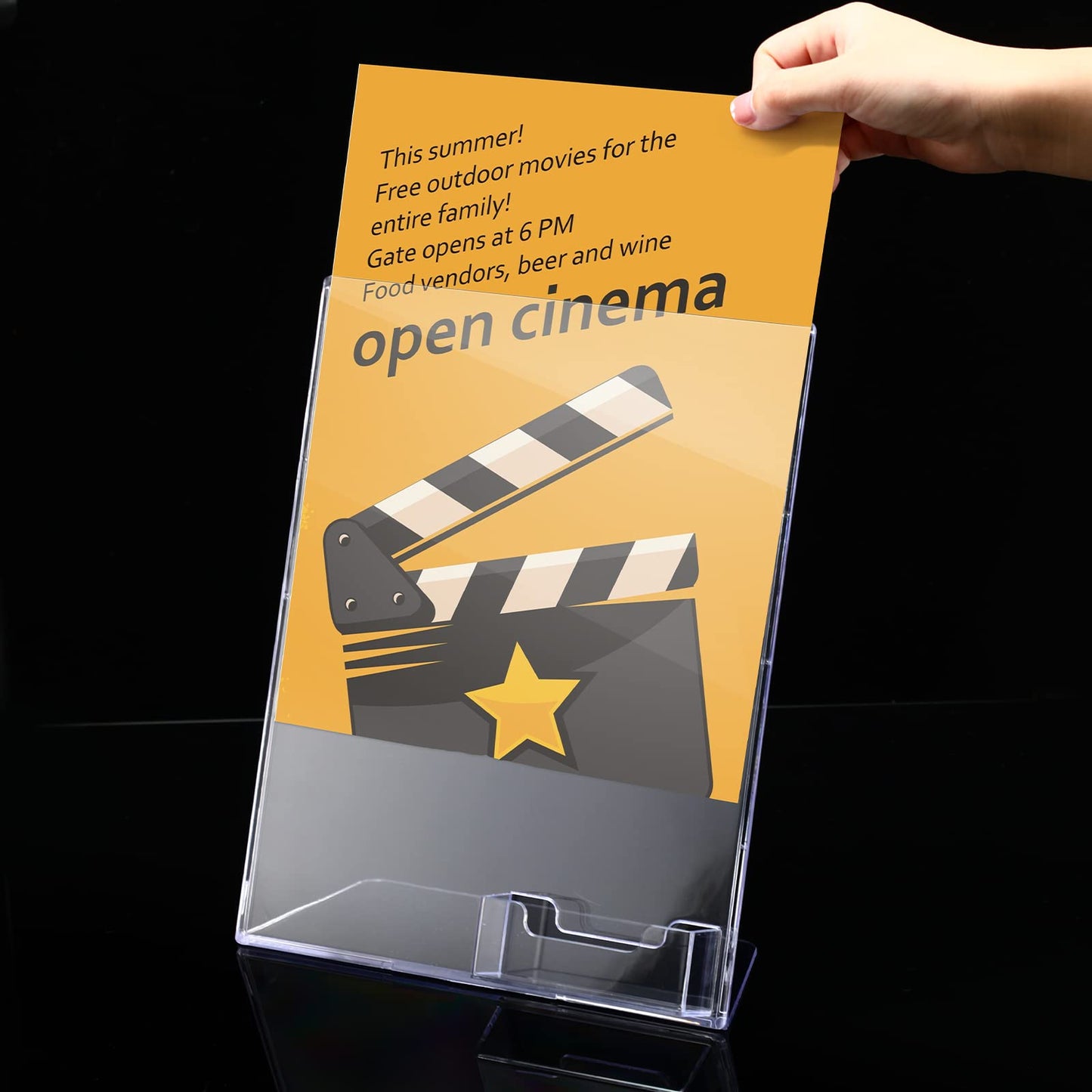 Vicenpal Acrylic Flyer Stand Sign Holder with Business Card Holder 8.5 x 11 Clear Brochure Display Stand with Business Card Pocket for Magazine Pamphlet Booklets Menu Desktop(4 Pcs)
