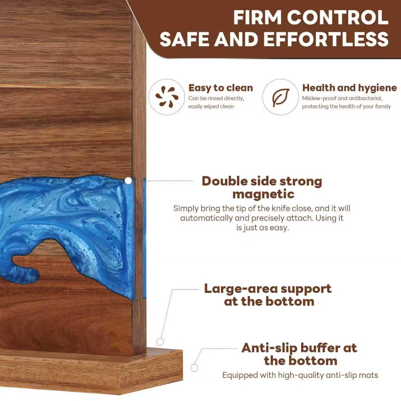 Ayiusideza Magnetic Knife Block | Double Sided Magnetic Knife Holder | Acacia Wood Magnetic Knife Rack | Magnetic Knife Storage Stand for Kitchen Counter, Blue Resin River, 12.59×9.84IN (No Knife)