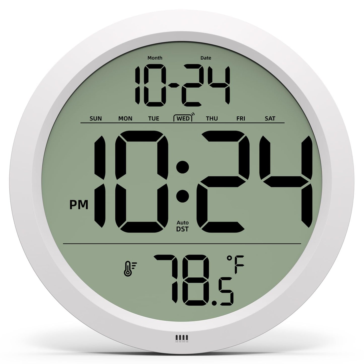 Digital Wall Clock Battery-Operated, 8 Inch Small Decorative Modern Wall Clock with Date, Temperature, Auto-DST, Silent Electric Wall Clock for Bedroom, Living Room, Kitchen, Office, Farmhouse - White