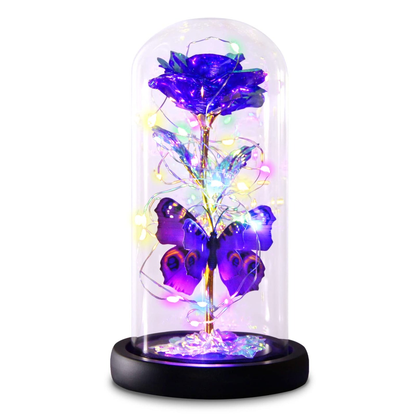 Greenke Mothers Day Rose Gifts for Mom, Galaxy Purple Butterfly Rose in Glass Dome, Light Up Forever Roses Birthday Gifts for Women Mom Grandma, Eternal Rose Gift for Her Anniversary, Mother Gift