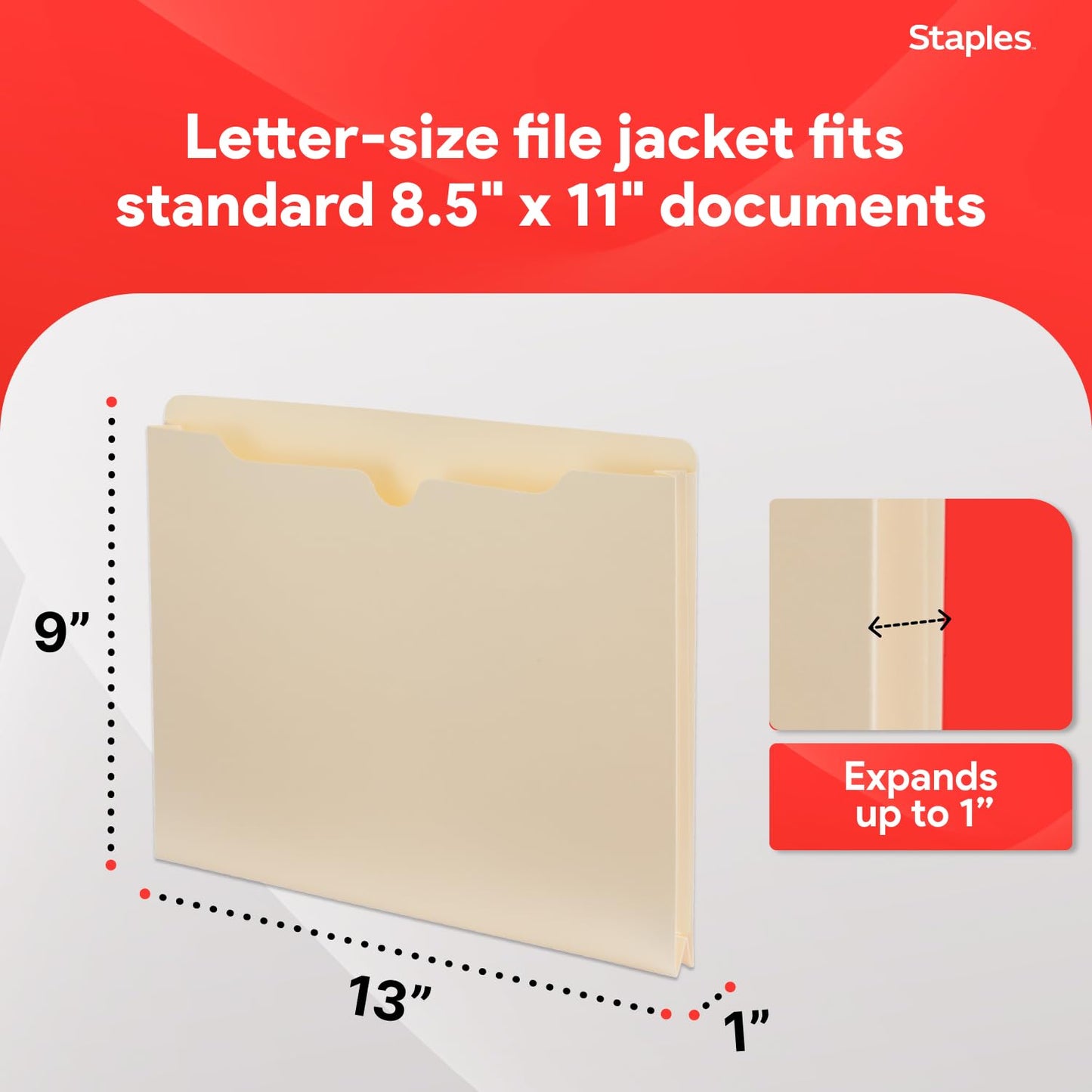 Staples File Jackets, Letter Size, 1‑Inch Expansion, Reinforced Manila Pocket Folders for Filing & Organization – 50/Pack