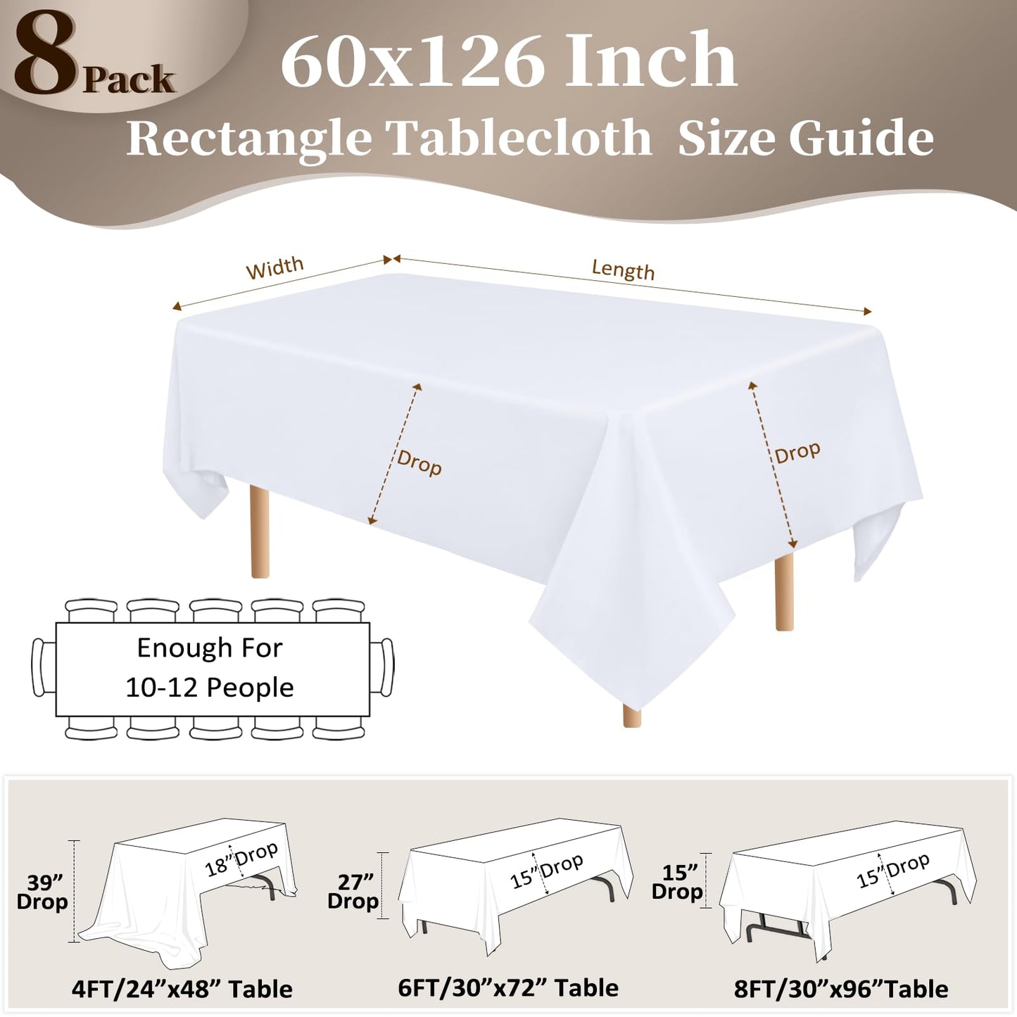 pepmily 8 Pack White Table Cloth 60x126 Inch Rectangle Tablecloths for 8 Foot Rectangle Tables, Wrinkle Resistant Washable Polyester Fabric Rectangular Table Cover for Dining Banquet Wedding Party