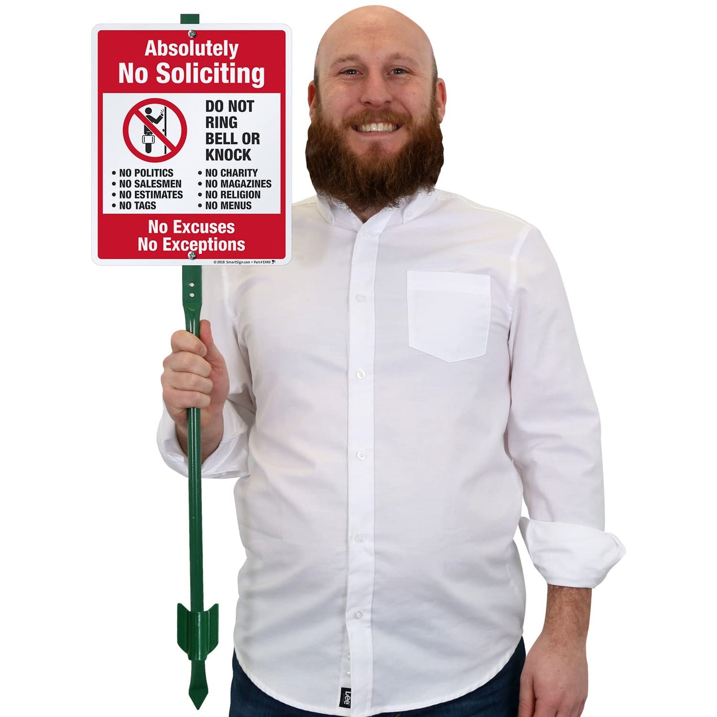 SmartSign 12" x 10" 'Absolutely No Soliciting No Excuses, No Exceptions, Do Not Ring/Knock' Yard Sign with 3 ft Stake, 40 mil Laminated Aluminum, Red, Black and White, Set of 1
