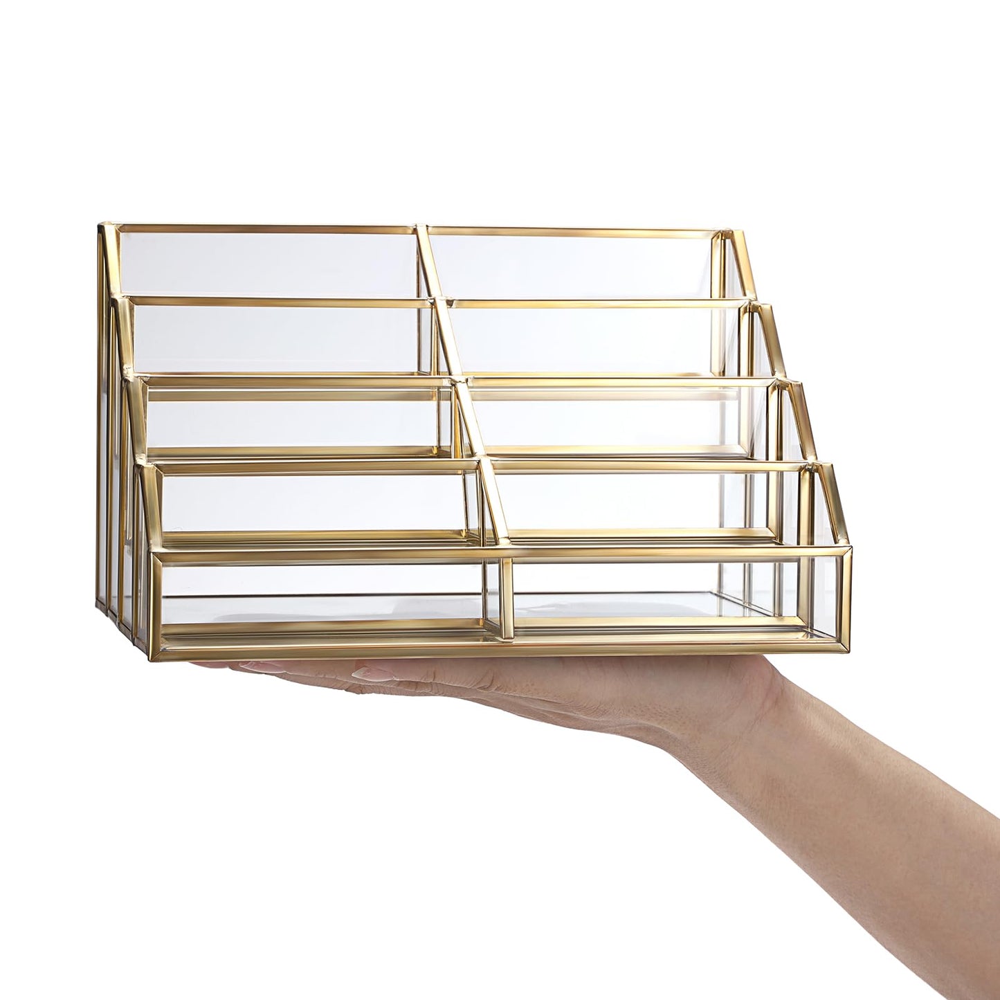 Hipiwe Mirrored Glass Business Card Holder Gold Business Card Display Stand for Desk Multiple Clear Business Card Holder Display for Office Desktop Cards Display Stand for Women Men, 8 Slots