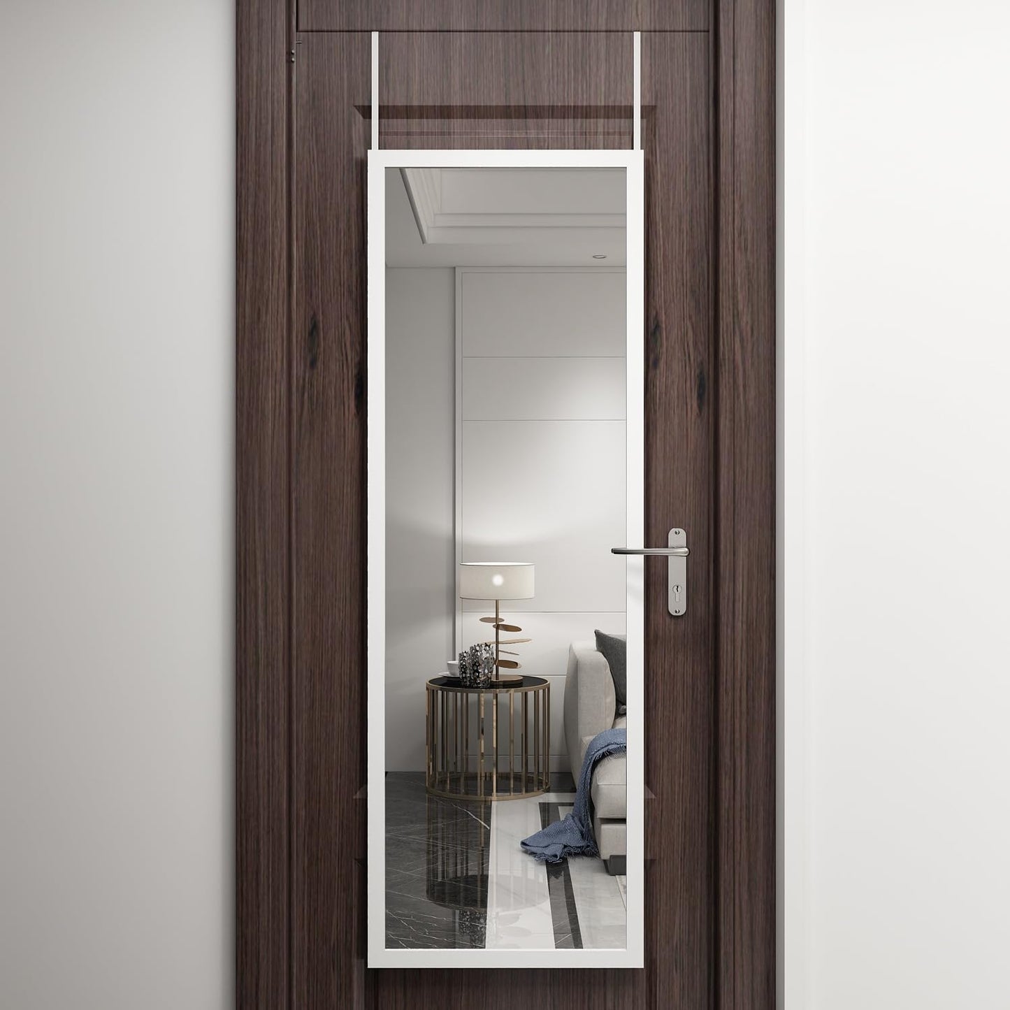 whitebeach 48" x 16" Over The Door Full Length Mirror Wall Mounted Hanging with 2 Metal Hangers for Bedroom Living Room Bathroom White
