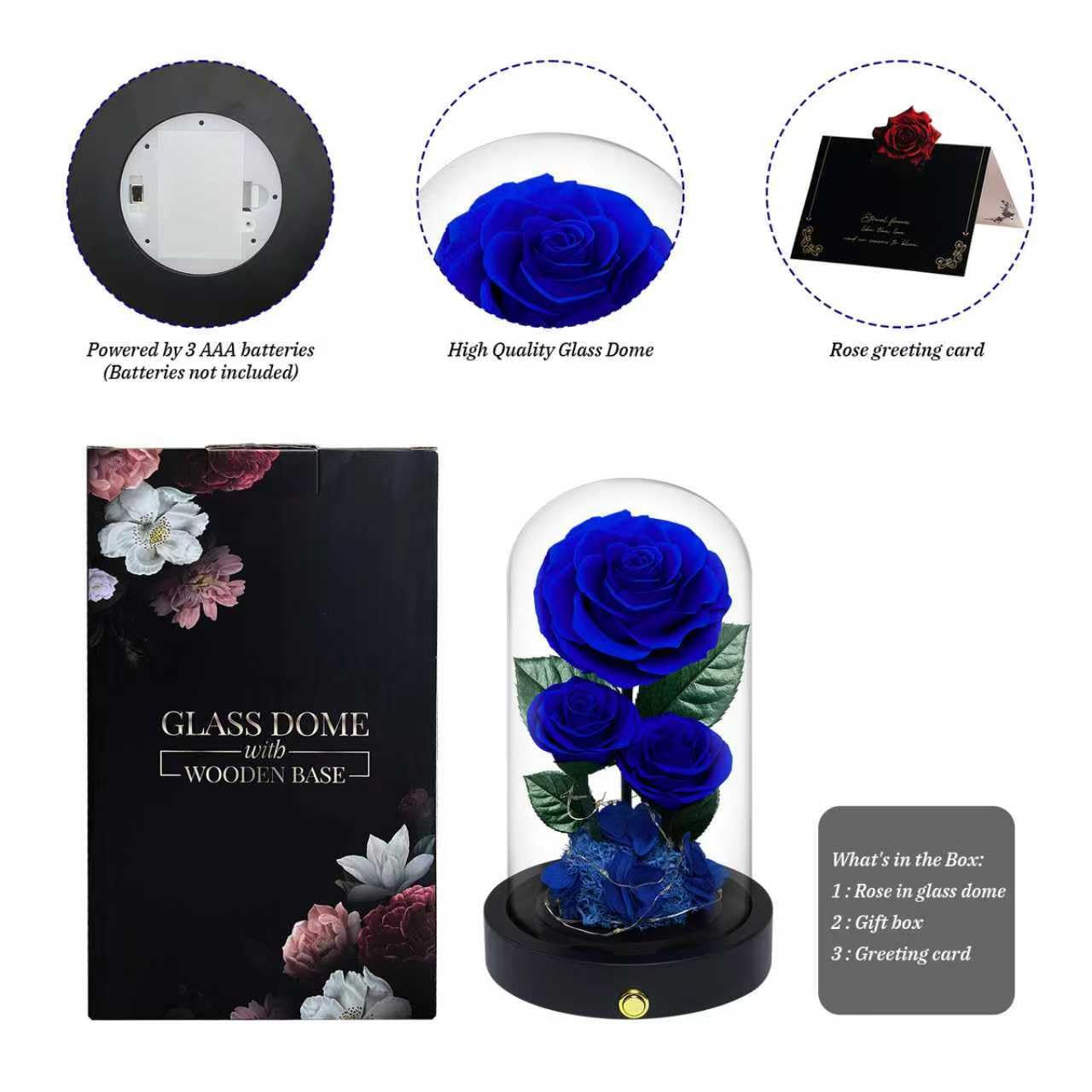 Vryblos 3 Preserved Flowers Roses in Glass Dome for Beauty and The Beast Decor Real Rosas Eternas for Women Mom Birthday,Forever Blue Roses for Delivery,Christmas for Wife Girlfriend Her