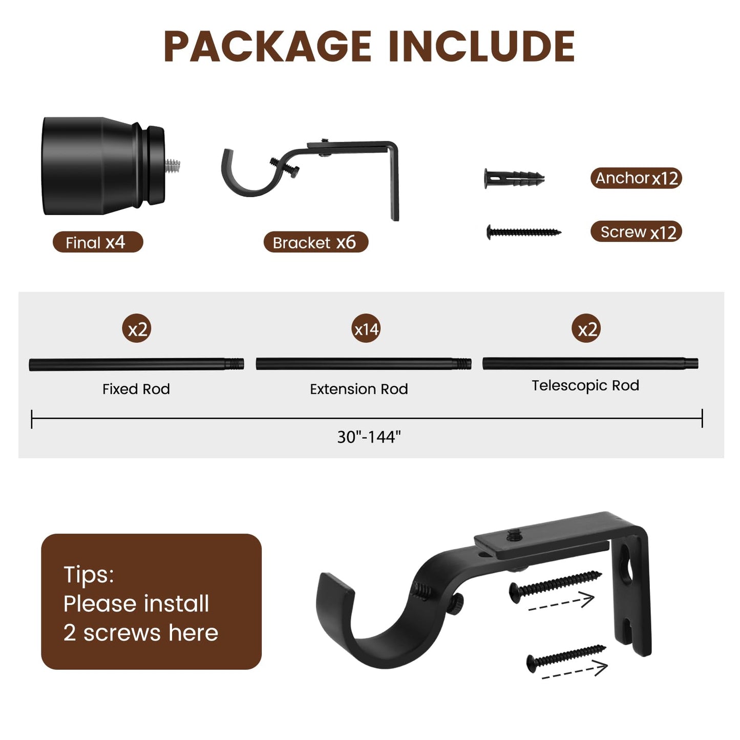 Matte Black Curtain Rod Itself is 30-144 inch 2 Pack, Fit 30 to 142, 66 to 120 inch Windows with 1 Inch Diameter Heavy Duty Adjustable Telescopic Rod, 1 Inch Diameter Splicing Extra Long