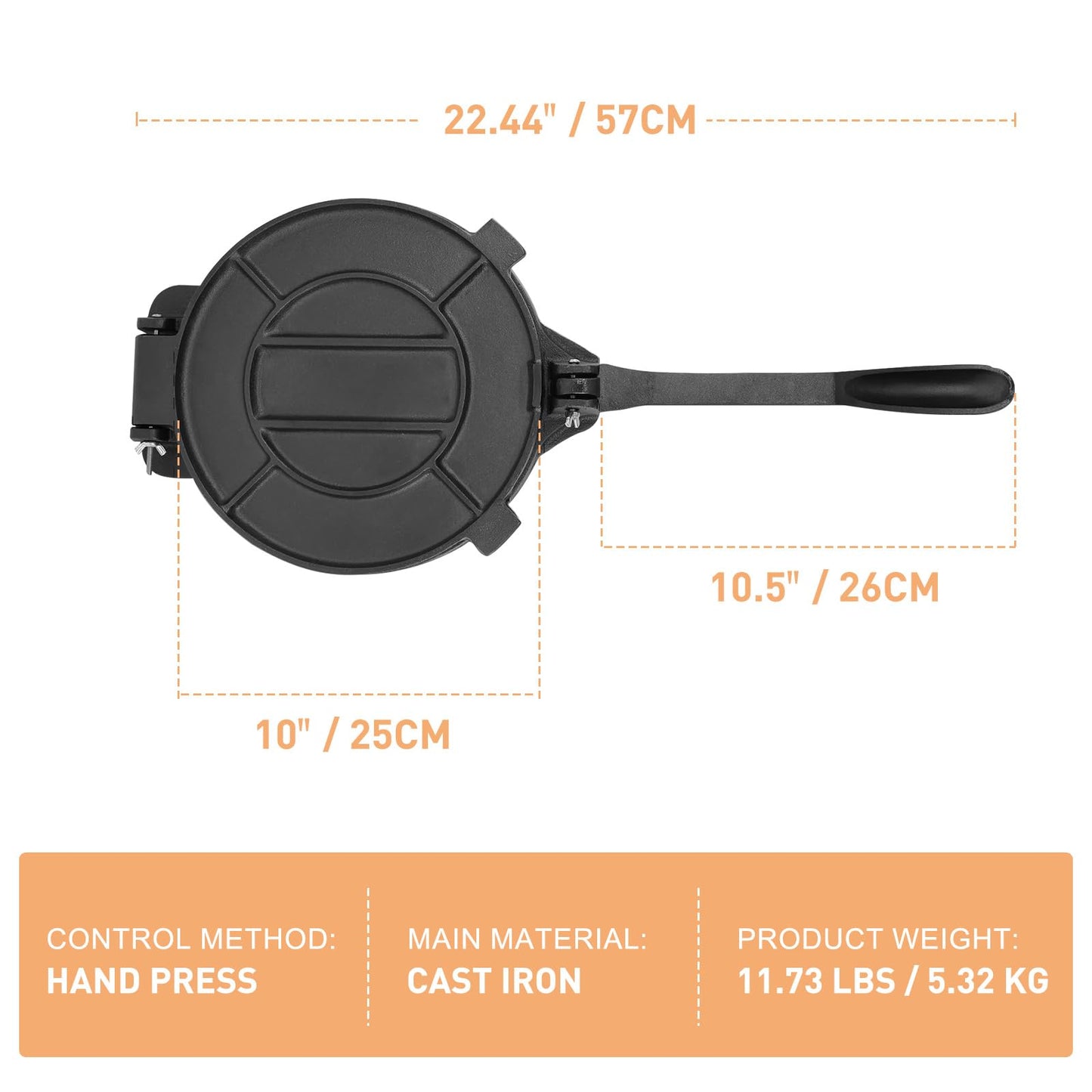 Cast Iron Tortilla Press 10 inch, Heavy Duty Tortilla Pataconera, Flour Tortilla Press with Foldable Handle, Taco press with Some Parchment Paper, Roti Maker, Black