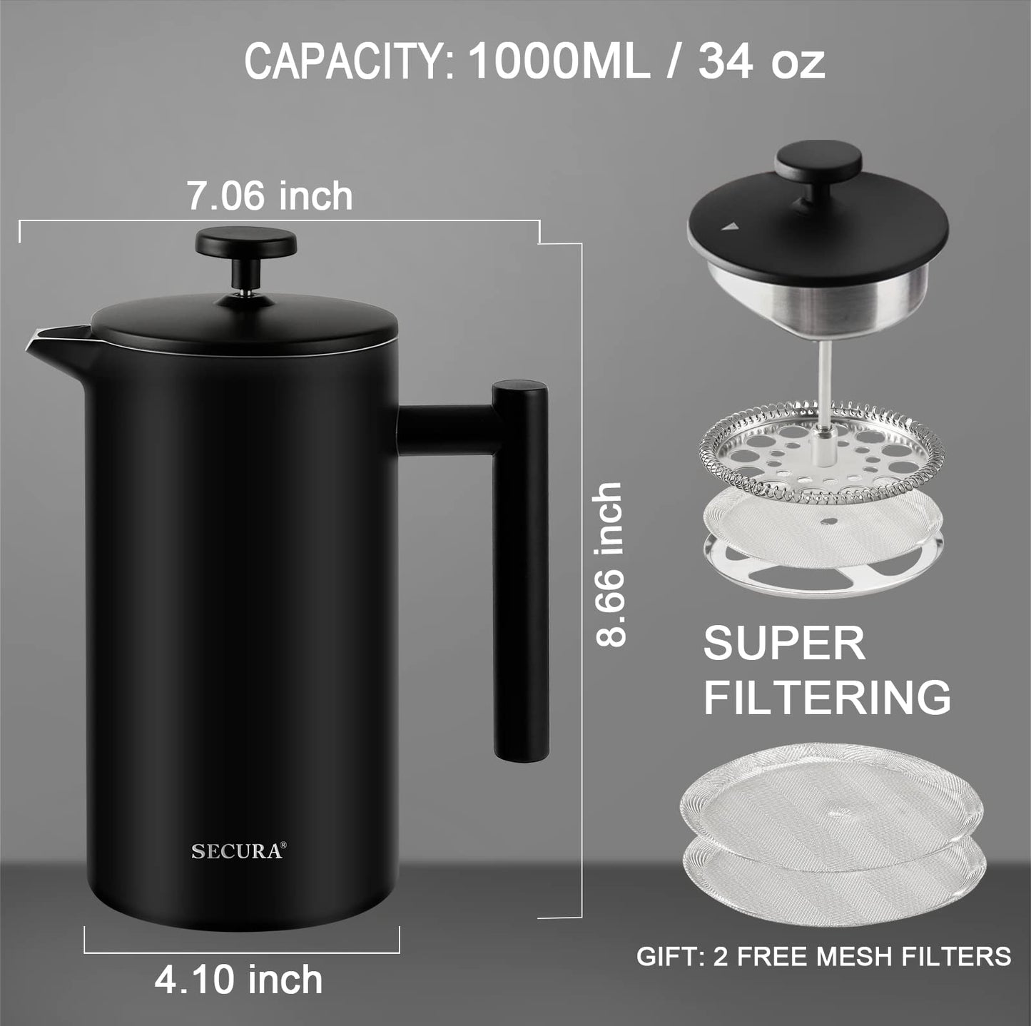 Secura French Press Coffee Maker, 304 Grade Stainless Steel Insulated Coffee Press with 2 Extra Screens, 34oz (1 Litre), Black