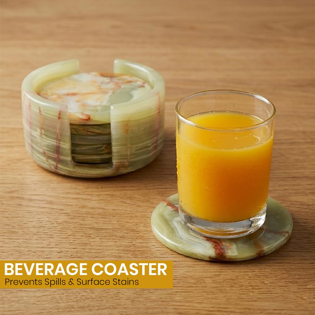 Green Onyx Marble Coasters Set of 6 with Holder, 3.5 Inch Round Drink Coasters for Tabletop and Coffee Table Decor