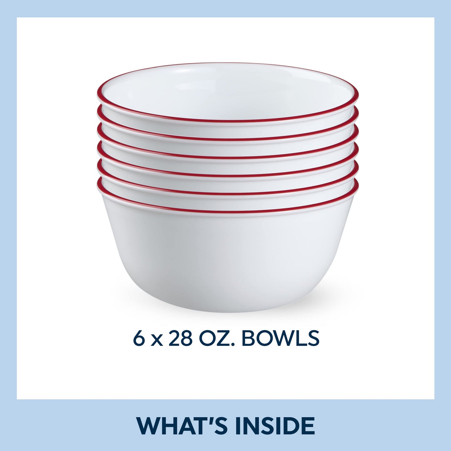 Corelle Vitrelle Glass 6-PC Bowls Set, For Soup Cereal & Dessert, Chip-Resistant & Lightweight Bowl Dinnerware Set, Red Banded 28 OZ