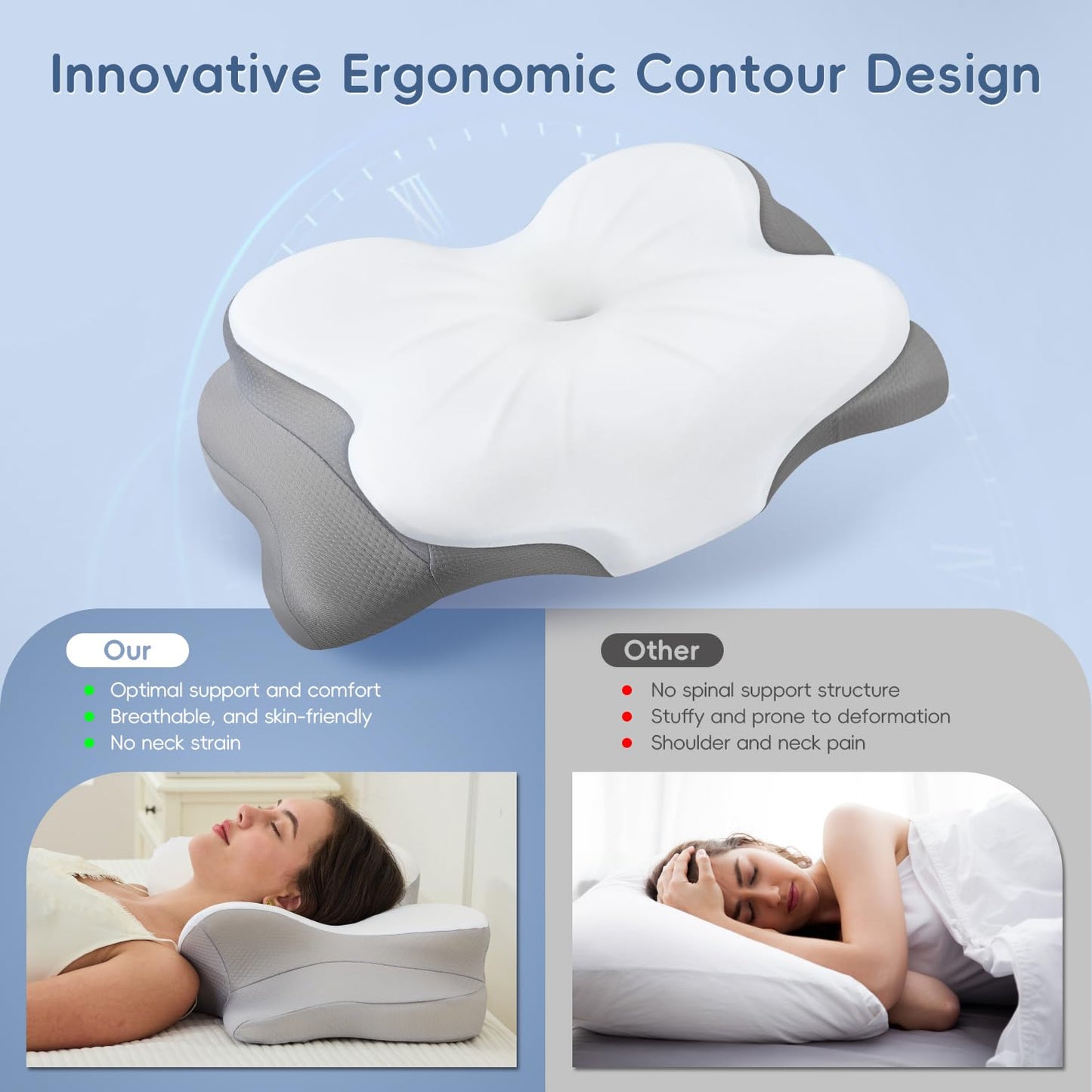 Fyova Cervical Neck Pillow, Ergonomic Memory Foam Pillows for Neck Pain Relief with Breathable Pillowcase, Adjustable Contour Neck Support Pillow for Side Back Stomach Sleepers, Odorless