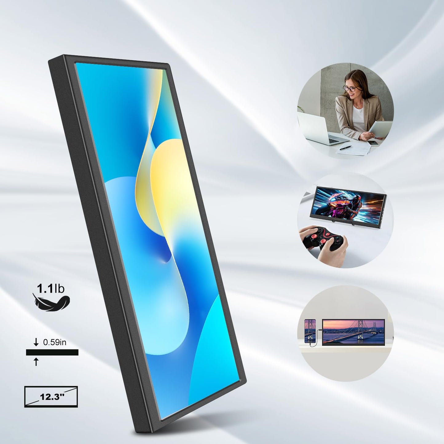 12.3 Inch Touchscreen Secondary Monitor, IPS Stretched Bar LCD Travel Touch Display 1920 * 720 HDMI USBC, Portable Touch Screen for Laptop Computer Windows Aida64 GPU CPU RAM Monitoring