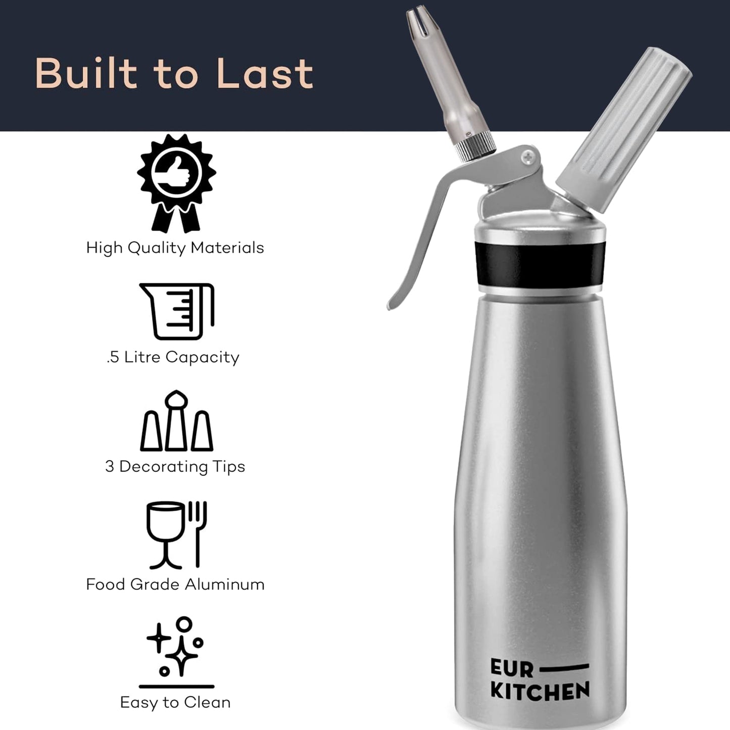 EurKitchen Professional Aluminum Whipped Cream Dispenser - Leak-Free Whip Cream Maker Canister with 3 Decorating Nozzles & Cleaning Brush - 1-Pint / 500 mL Cream Whipper - N2O Chargers (Not Included)