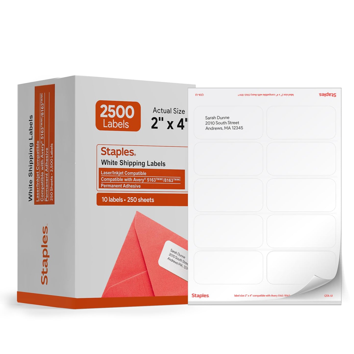 Staples Laser & Inkjet Shipping Labels, 2" x 4", White, Permanent Adhesive, Printable Sheets for Mailing & Packaging, 2,500 Labels