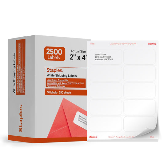 Staples Laser & Inkjet Shipping Labels, 2" x 4", White, Permanent Adhesive, Printable Sheets for Mailing & Packaging, 2,500 Labels