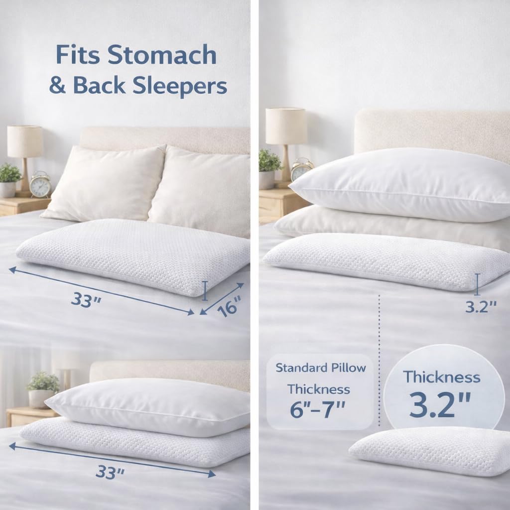DLIGHT BD Slim 3.2" Stomach Sleeping Memory Foam Pillow-Thin, Flat, Soft Yet Supportative for Belly, Back& Stomach Sleepers (3.2" Slim-King)
