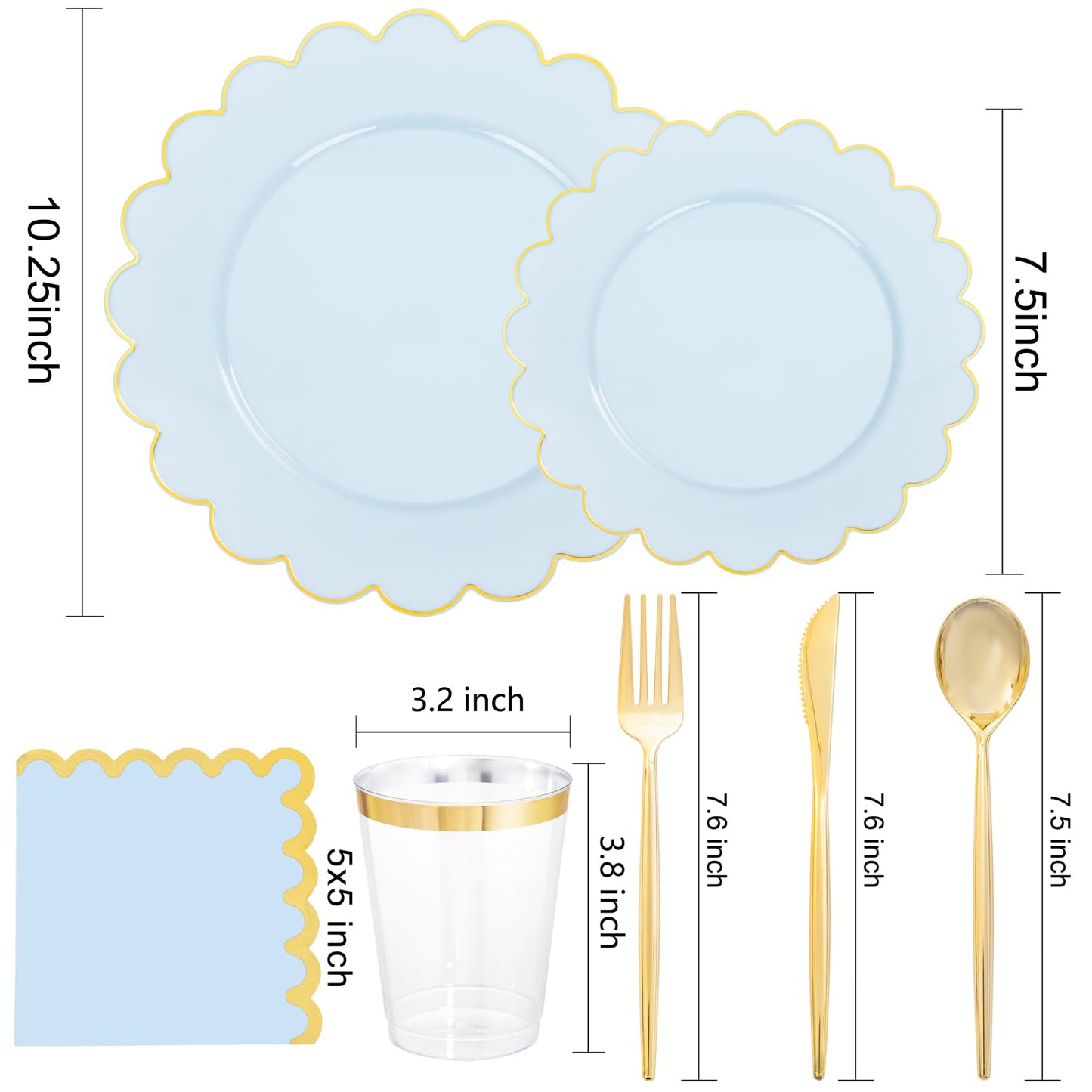 LIYH 210 Pcs Light Blue Plastic Dinnerware Set - Baby Blue Plastic Plates Napkins with Gold Foil Include Bridal Shower Plates Disposable Gold Silverware Napkins Cups for Birthday 30 Guests