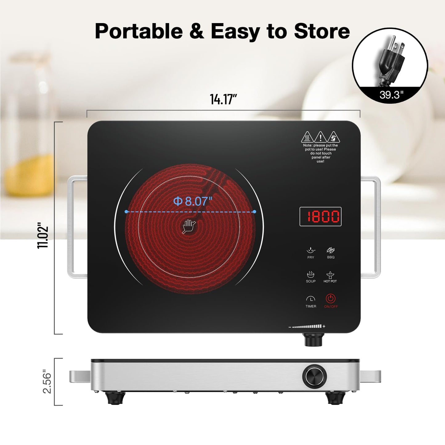 Portable Electric Cooktop 110V, 1800W Electric Stove Infrared Hot Plate with Knob Control, Nafewin Single Burner Countertop Burner with Handle, 4-Hours Timing Setting, Compatible for All Cookwares