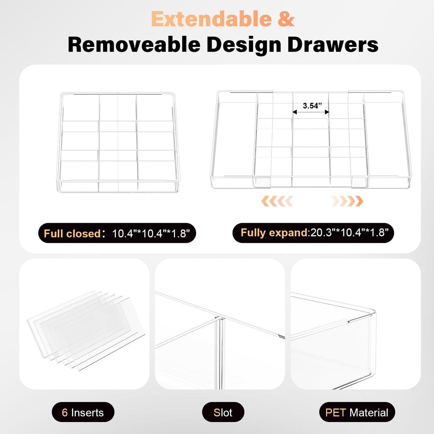 VDTEB Acrylic Expandable Desk Drawer Organizer with 11 Adjustable Compartments and 6 Removable Dividers Desk Accessories for Office Kitchen Bathroom Makeup and Utensil Junk Storage (Clear, 2Pcs)