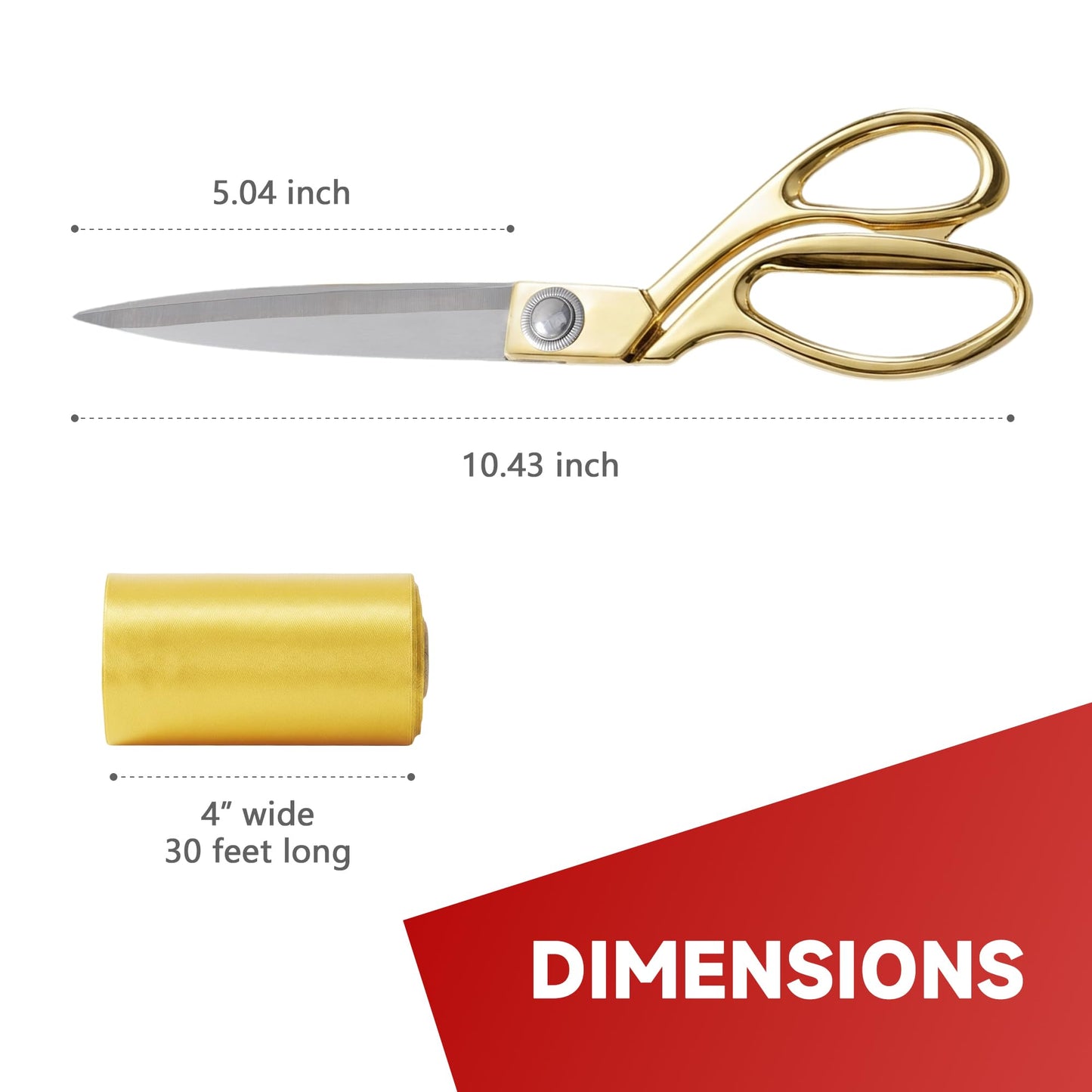 COMSIS Ribbon Cutting Ceremony Kit 10" Gold Handled Elegant Sharp Ribbon Cutting Scissors & 30 Feet Long 4" Wide Gold Satin Grand Opening Ribbon - Ceremonial Kit