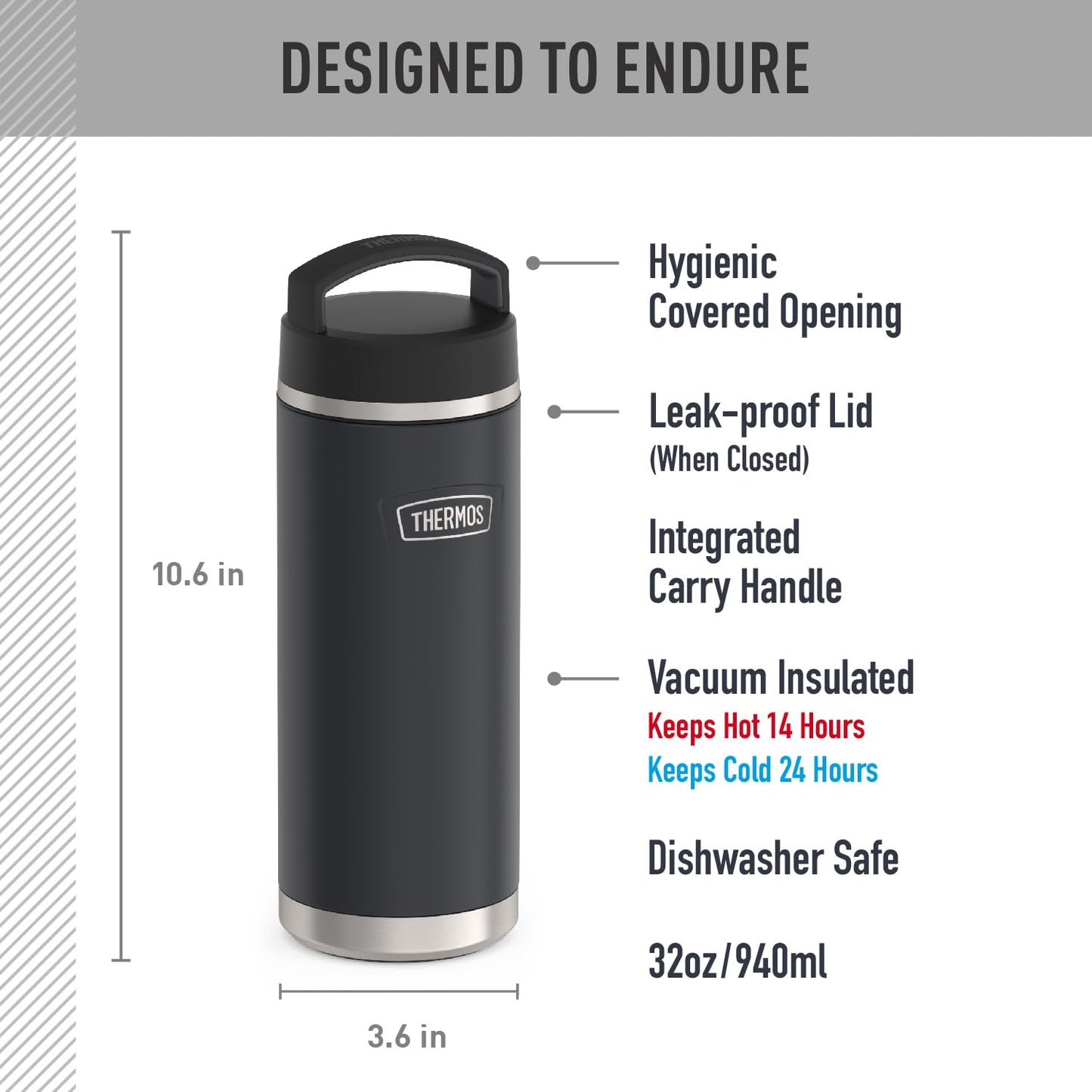 THERMOS ICON SERIES Stainless Steel Water Bottle with Screw Top Lid - 32 Ounce, Granite - Insulated Water Bottle with Lid