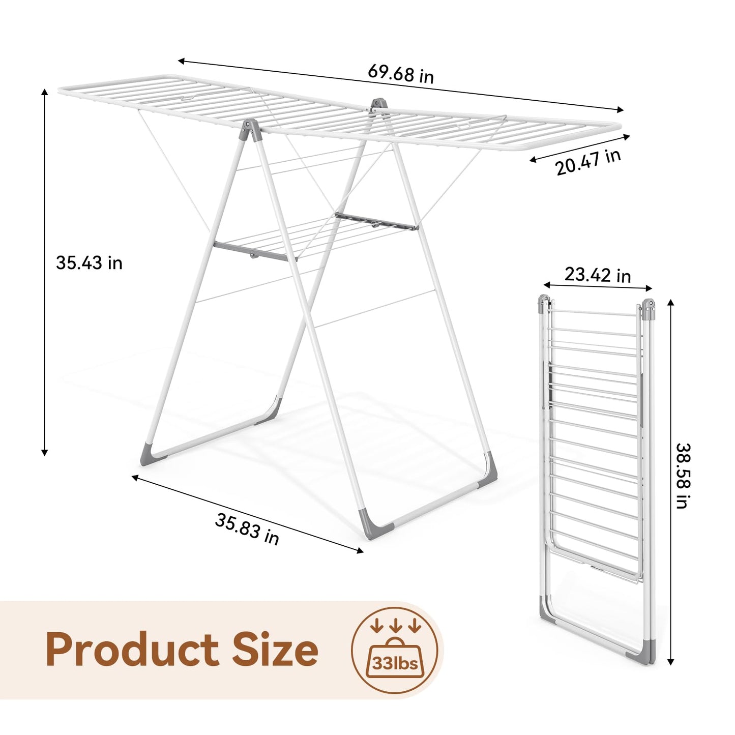 APEXCHASER Clothes Drying Rack, Foldable Drying Rack Clothing, Sturdy Metal Laundry Drying Rack, Height-Adjustable Gullwing, Easy to Fold, Space-Saving, for Indoor Outdoor, White