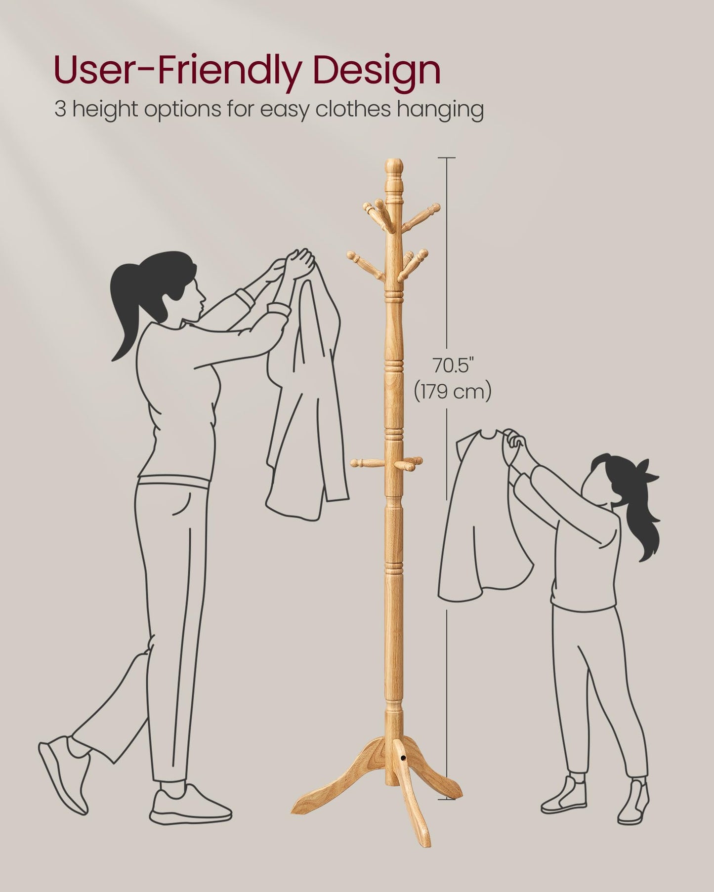 VASAGLE Solid Wood Coat Rack and Stand, Free Standing Hall Coat Tree with 10 Hooks for Hats, Bags, Purses, for Entryway, Hallway, Rubberwood, Natural Beige URCR003Y01