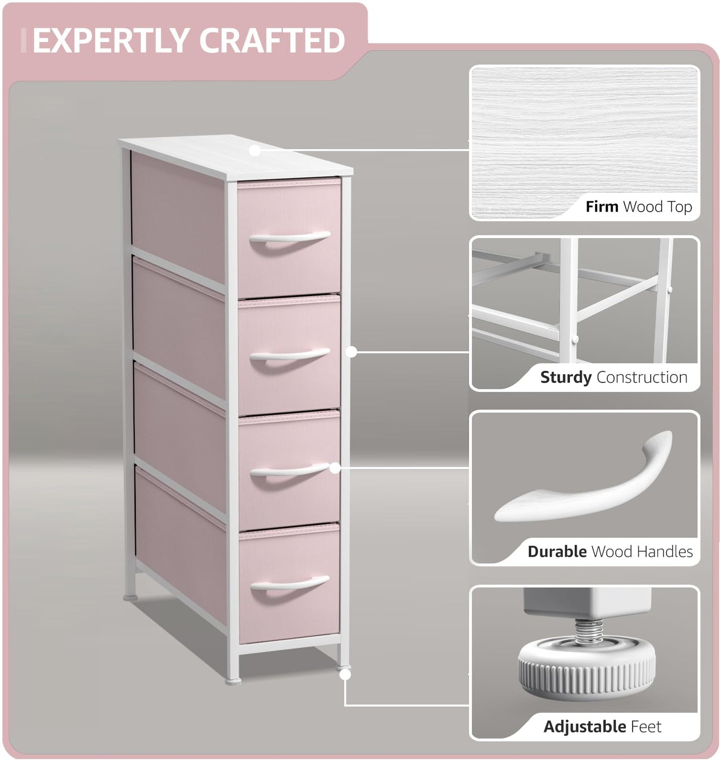 Sorbus Kids Narrow Dresser with 4 Drawers - Vertical Slim Storage Chest of Drawers with Steel Frame, Wood Top & Easy Pull Fabric Bins for Small Spaces, Closets, Bedroom, Bathroom & Laundry