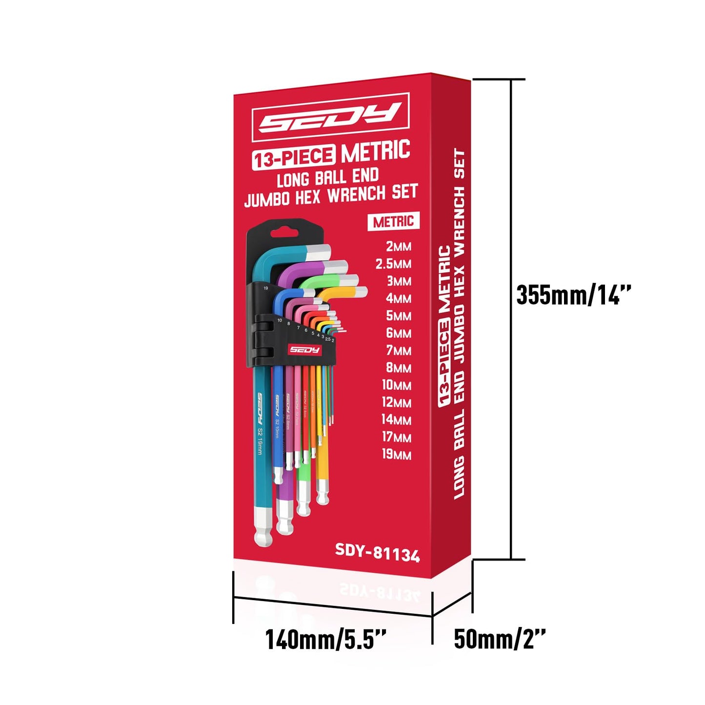 13-Piece Color Coding Jumbo Ball End Long Arm Hex-Key Large Allen Wrench Set, Metric (2-19MM) Anti-Slip Long Ball End Hex Wrench Set, Chrome Vanadium Steel, for Automotive, Bicycle Repairs and DIY