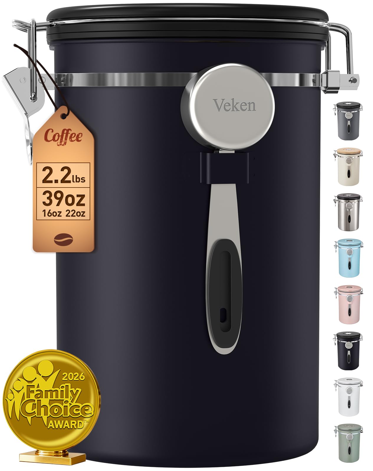 Veken Coffee Canister, 39OZ Large Christmas Coffee Lovers Gift Basket Set,Airtight Stainless Steel Food Storage Kitchen Container Gifts for 2.2lbs Beans, Ground, Sugar, Tea, Flour, Cereal,Scoop,Black