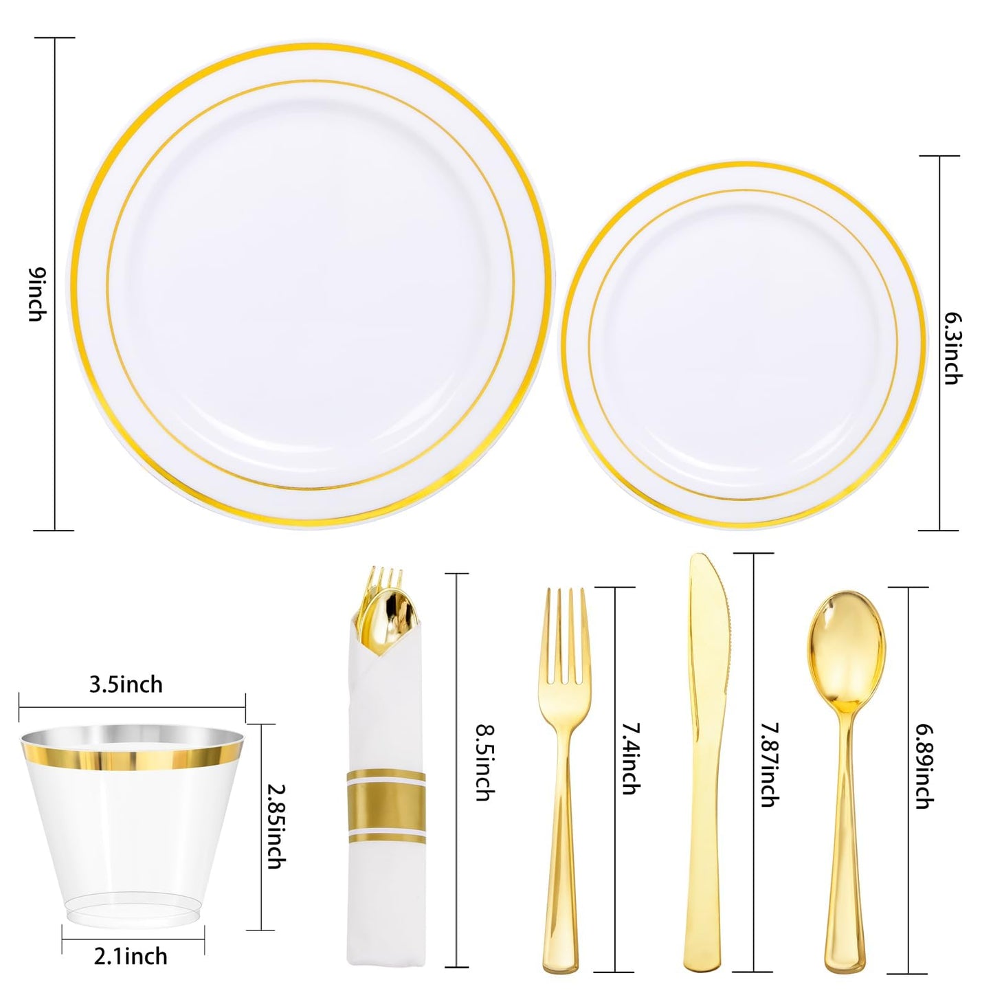 WDF Partyware 350Piece Gold Dinnerware Set for 50 Guests - Gold Plastic Plates with Disposable Cutlery - 50Dinner Plates-50Dessert Plates-50Pre Rolled Napkins with Silverware for Wedding/Birthday