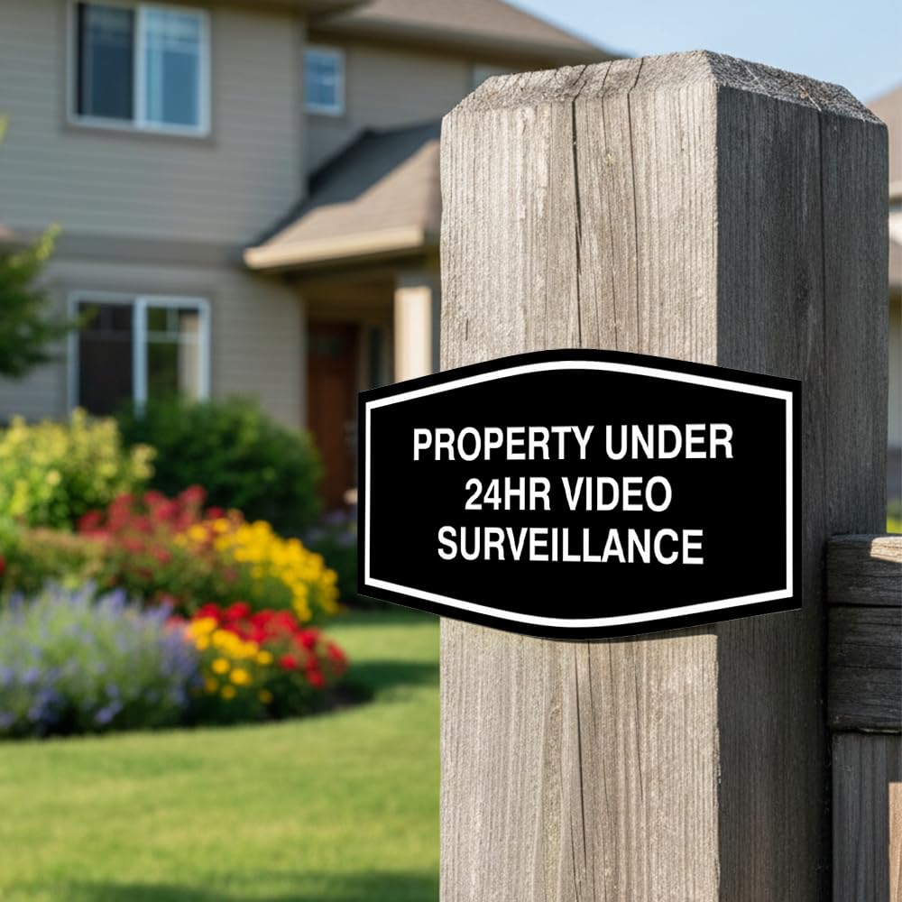 All Quality Fancy Property Under 24Hr Video Surveillance Sign | Property Security Sign with Easy Installation | 24/7 Security Monitoring (Black/Gold) - Small 5 Pack