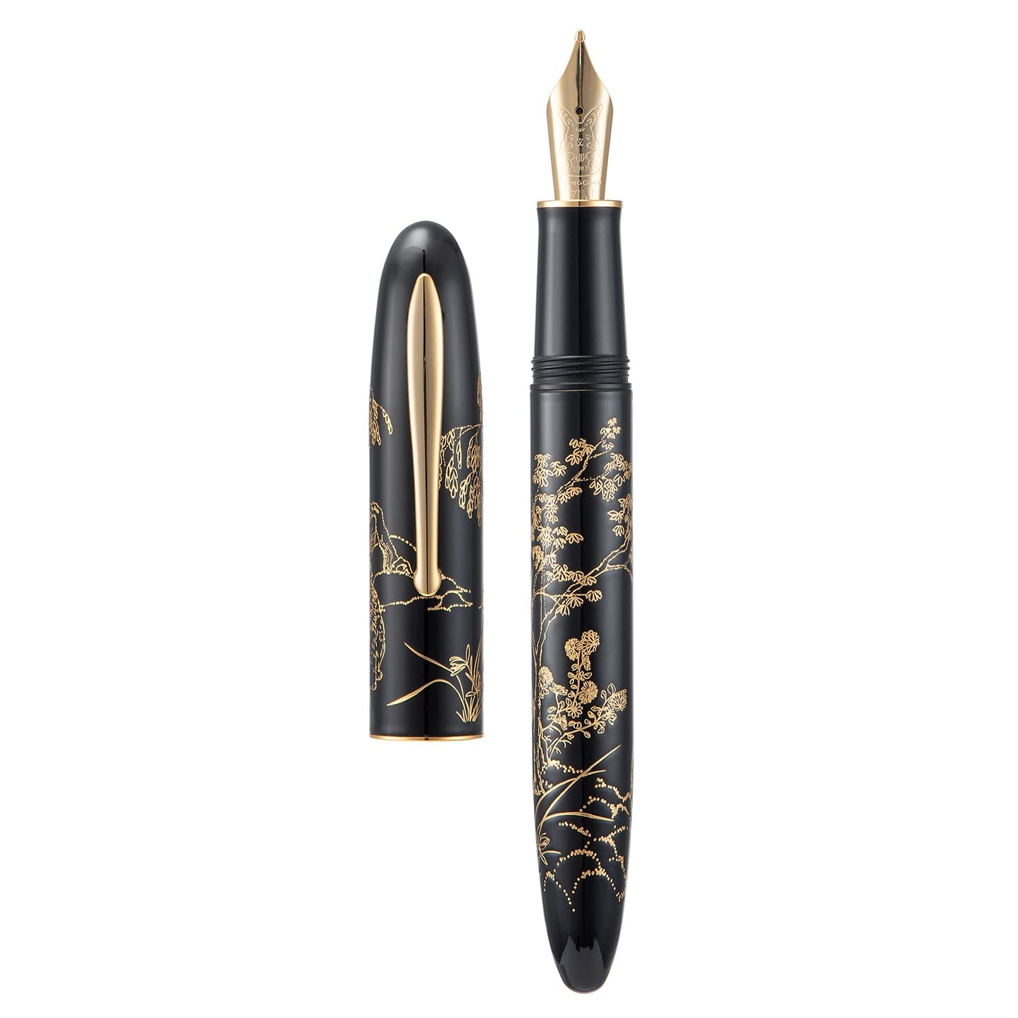HONG DIAN Hongdian N23 Black Rabbit Fountain Pen, Long Blade Medium Nib Gold Trim, New Year Lucky Rabbit Carving Design, Smooth Writing Pen with Converter and Metal Pen Box Set