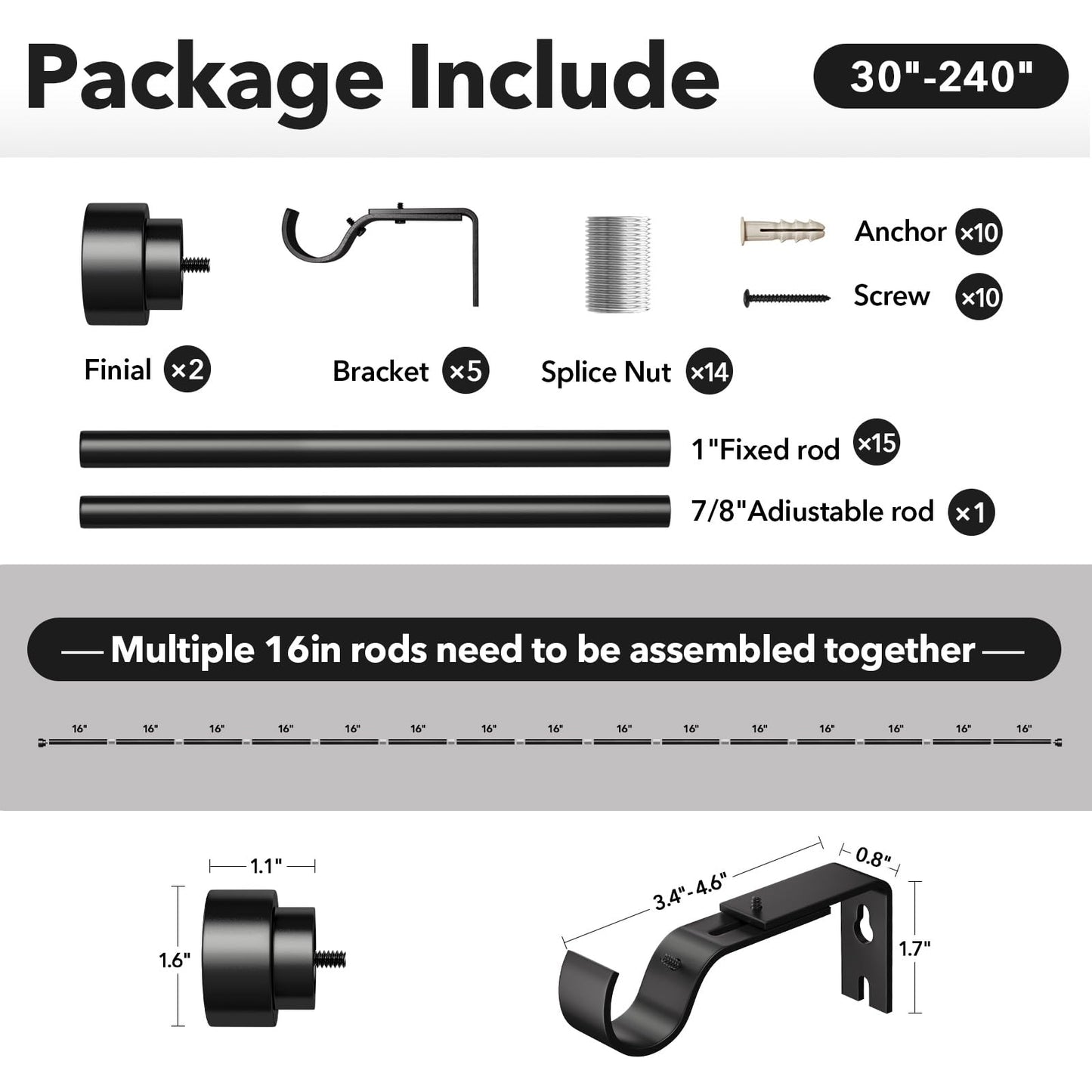 Extra Long Curtain Rods for Windows 32 to 240 Inch, 1 Inch Black Heavy Duty Curtain Rods for Patio, Farmhouse, Bedroom, Living Room, Adjustable Metal Drapery Rod (A1,Black,32"-240")