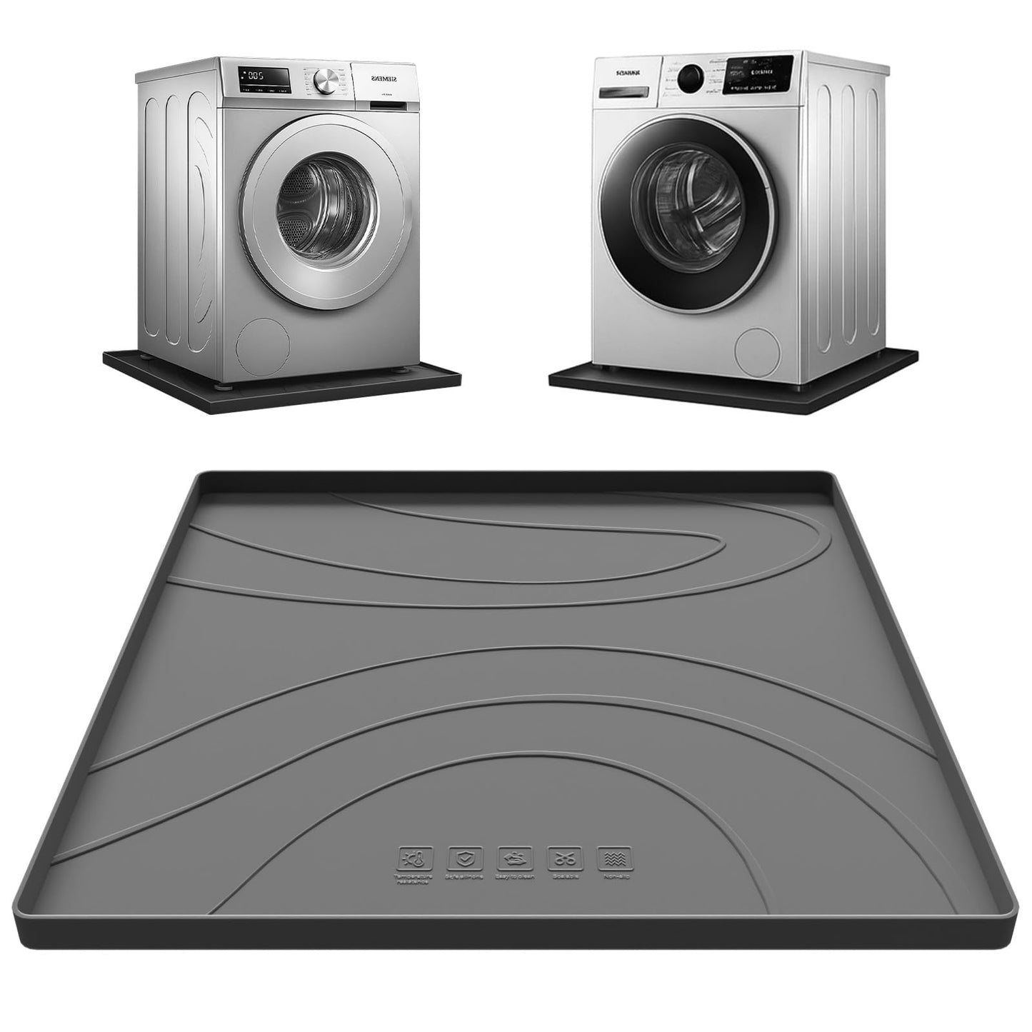 Washing Machine Drain Pan Silicone Mat,Extra Thick 26.5x26.5inch Non-Slip Waterproof Washer Tray,Raised Edge Drip Mat for Under Dryer or Washer,Anti-Vibration,Floor Leak Protector for Laundry Room