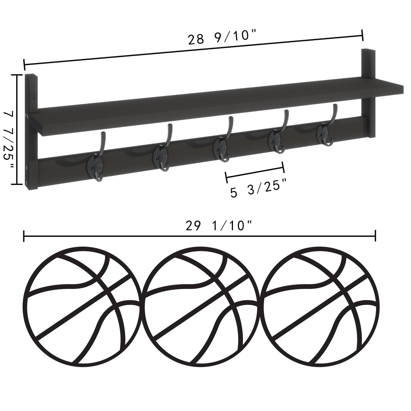 BAMEOS Wall-Mounted Shelf with Hooks - 28.9 Inch Entryway Hanging Shelf with 5 Dual Hooks for Bathroom, Living Room, Bedroom (Black)