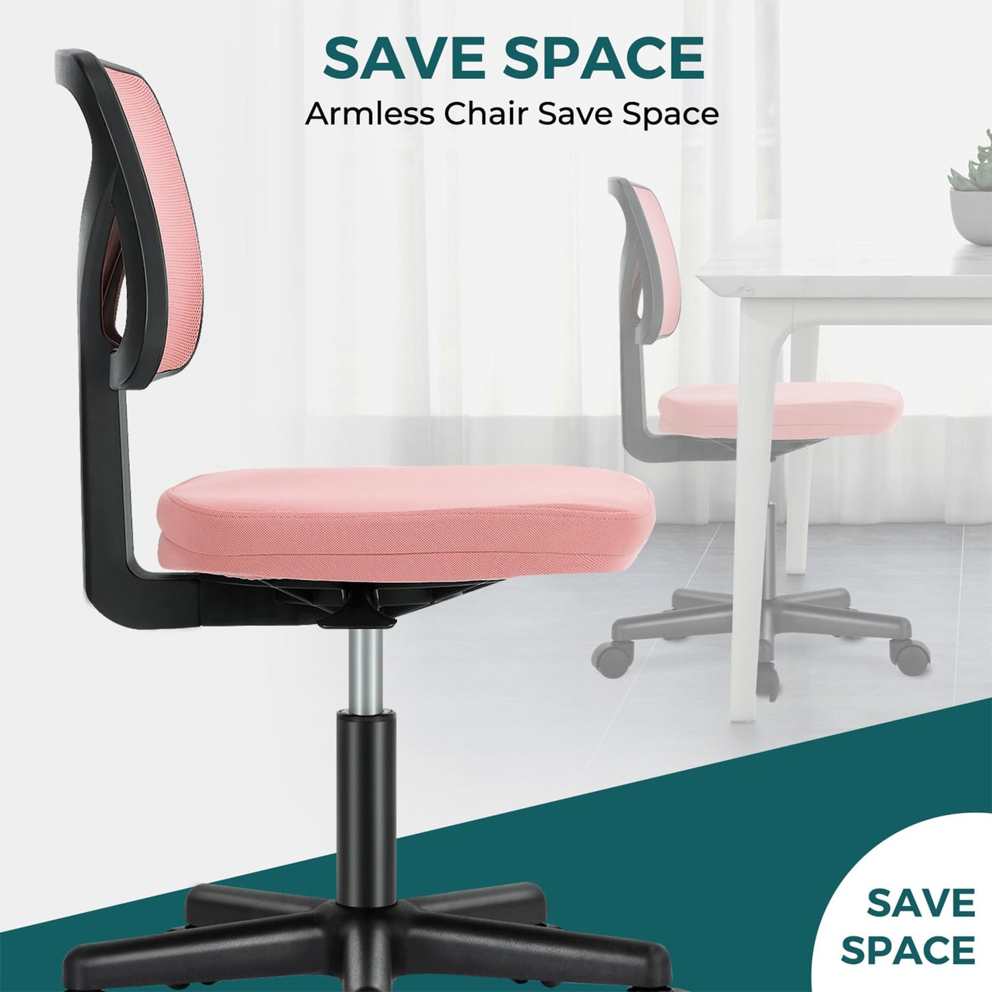 DUMOS Small Office Chair Armless, Ergonomic Adjustable Home Office Swivel Rolling Task Chair No Arms, Comfy Mesh Mid Back Computer Work Vanity Desk Chiars with Wheels for Small Spaces, Hot Pink